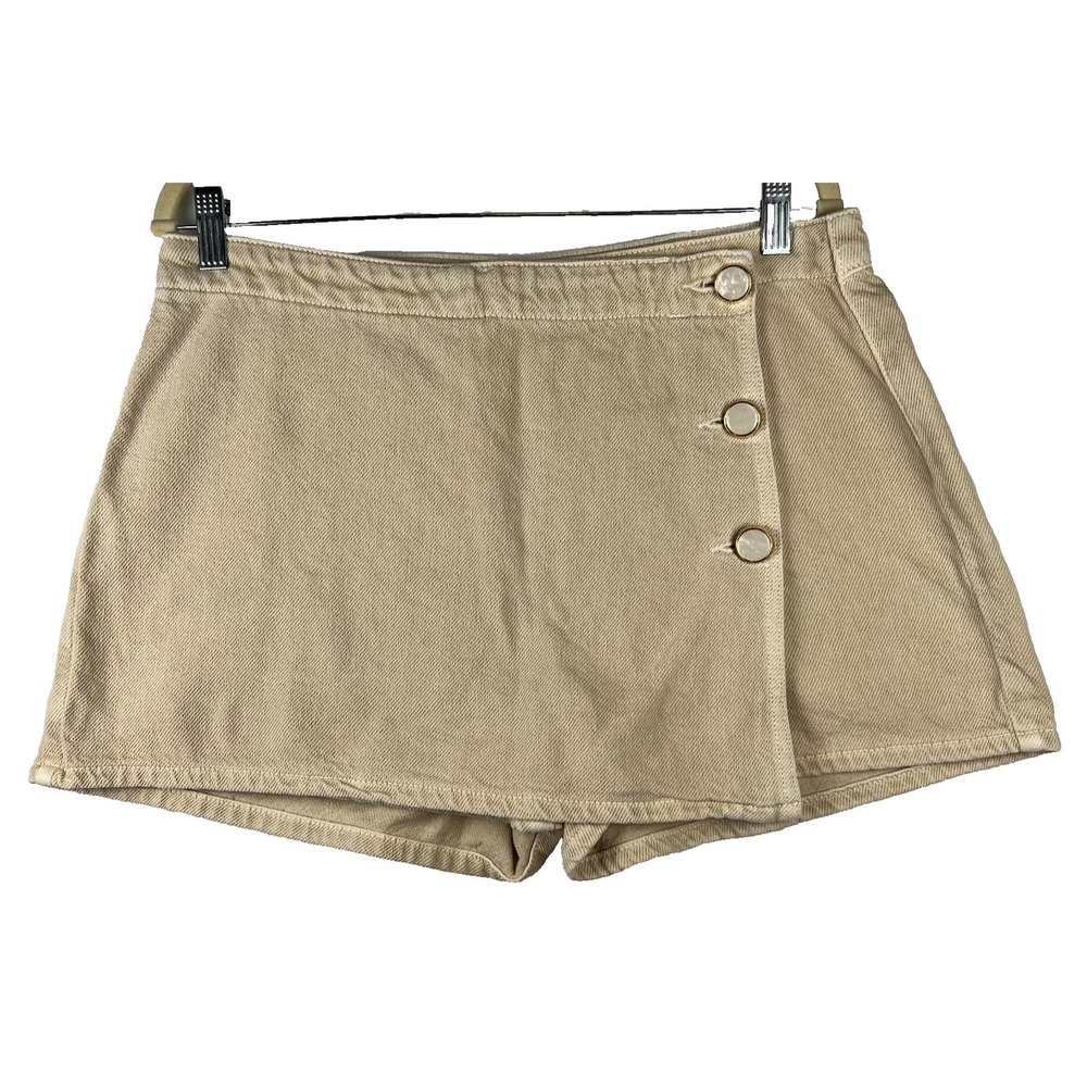 ZARA Tan Denim Skort Women's Size‎ L Pockets Zipper Closure Ornate Pearl Buttons